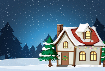 Christmas background with snow house at night
