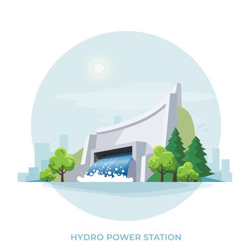 Hydroelectric clean power plant station factory. Renewable green sustainable hydropower energy generation with water flowing out reservoir dam. Isolated cartoon vector illustration on white background