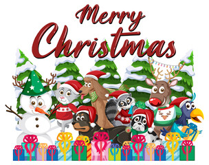 Merry Christmas text design with cute animals