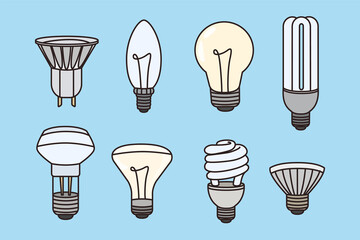 Illumination and electricity light concept. Set of various lamps enlightenment for home of different shapes and colors over blue background vector illustration 
