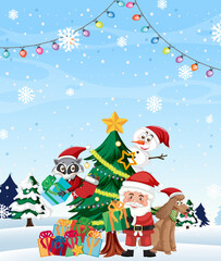 Merry Christmas card template with Santa Claus and animals