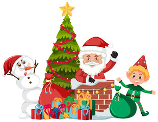 Santa Claus with snowman and Christmas tree