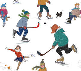 Winter Season Merry Christmas Seamless Patterns, Hockey Game Boys Playing in Snowy Town, Ice Ring Figure Skating Print