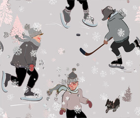 Children Skating in Ice ring, Hockey Sport Seamless Pattern, New Year Season, Merry Christmas Snowing Park in Town