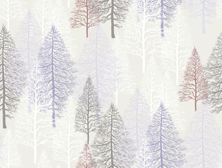 Winter Season Merry Christmas Seamless Patterns, Snowy Fir Trees in Forest, Hand Drawn Print