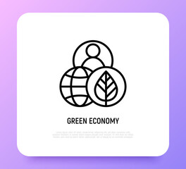 Green economy thin line icon. Globe, plant and human. Modern vector illustration.