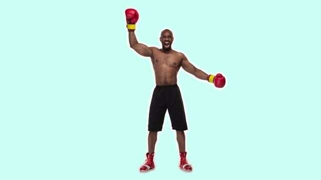 Stop motion design. art 2D animation. African american man as happy winner after boxing over color background. Funny boxer. Modern, conceptual, contemporary bright 4k collage. Digital composite video