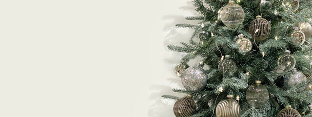 Long banner. Christmas tree baubles lights - obrazy, fototapety, plakaty
