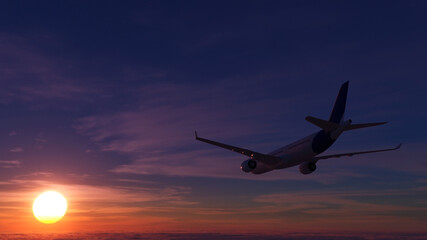 Fototapeta na wymiar White airbus airplane on a sunset background with orange sky 3d rendering