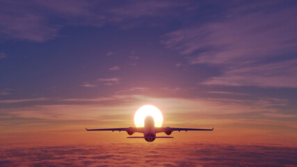 Fototapeta na wymiar White airbus airplane on a sunset background with orange sky 3d rendering