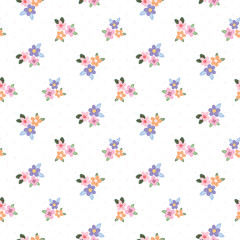Fototapeta na wymiar Seamless Pattern of Hand Drawn Flower Art Design on White Background with Pink Dots