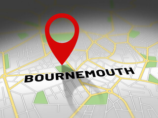 Fototapeta premium Bournemouth on map with red GPS navigation pin. United kingdom location with generic map background.