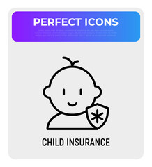 Child medical insurance thin line icon: baby with medical shield. Modern vector illustration.