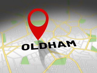 Fototapeta premium Oldham on map with red GPS navigation pin. United kingdom location with generic map background.