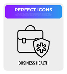 Obraz premium Medical insurance for employees thin line icon: briefcase with medical shield. Modern vector illustration.