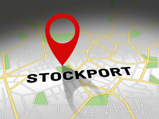 Fototapeta premium Stockport on map with red GPS navigation pin. United kingdom location with generic map background.