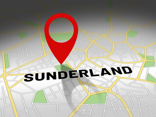 Obraz premium Sunderland on map with red GPS navigation pin. United kingdom location with generic map background.