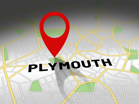 Plymouth on map with red GPS navigation pin. United kingdom location with generic map background.