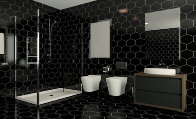 Clean and fresh bathroom with natural light. 3D rendering.. Mockup.   Empty paintings