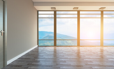 Obraz premium Open space office interior with like conference room. Mockup. 3D rendering.. Sunset.