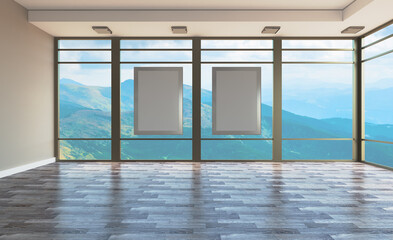 Open space office interior with like conference room. Mockup. 3D rendering.. Empty paintings