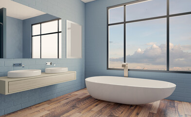 Fototapeta na wymiar Scandinavian bathroom, classic vintage interior design. 3D rendering.. Blank paintings. Mockup.