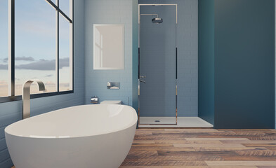 Clean and fresh bathroom with natural light. 3D rendering.. Blank paintings.  Mockup.