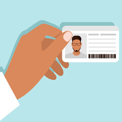 Male hand holding an identity card. Vector illustration in flat style on a blue background.