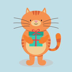 Greeting card with cute cat holding a gift
