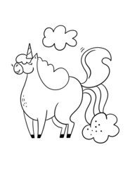 Cartoon style illustration with unicorn pooping rainbow. Funny coloring page for kids.