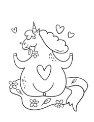 Unicorn meditation hand drawn coloring page for kids. Yoga concept with unicorn.