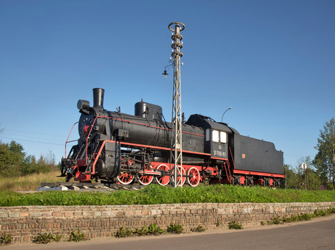 Monument to steam locomotive Er 788-81 in Sortavala (former Serdobol). Republic of Karelia. Russia