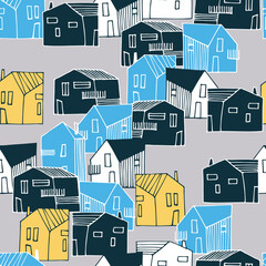 Seamless pattern with townscape in navy-blue and ochre color palette. Residential district. Small houses in urban, suburban or countryside landscape for surface design and other design projects