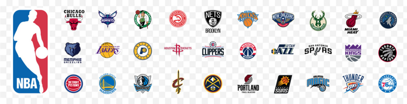 NBA basketball all logos teams set vector. Isolated NBA basket-ball conferences : Lakers, Celtics, Clippers, Knicks, Chicago Bulls, Hawks, Hornets, Wizards, Suns, Nets... Editorial vector illustration