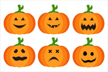 Set pumpkin on white background. Orange pumpkin with smile for your design for the holiday Halloween. Vector illustration.