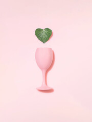Pink glass and ivy heart shaped green leaf against pastel, milky background.  Minimal creative layout, skin care, hydration, natural beauty, love.