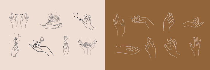A set of Woman's hand icon collections in a minimal linear style. Vector logo design Templates with different hand gestures, Crystal. For cosmetics, beauty, tattoo, Spa, feminine, jewelry store.