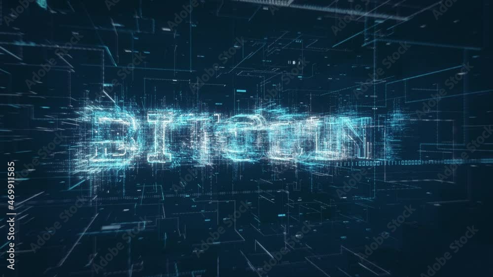 Aufkleber Bitcoin crypto currency title key word build up animation on a binary code digital network background