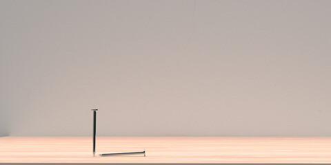 Two nail iron metal steel point wooden concrete background copy space interior floor home symbol creative strategy vision idea business financial marketing  teamwork leadership growth.3d render