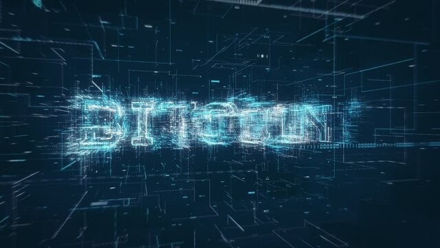 Bitcoin crypto currency title key word build up animation on a binary code digital network background