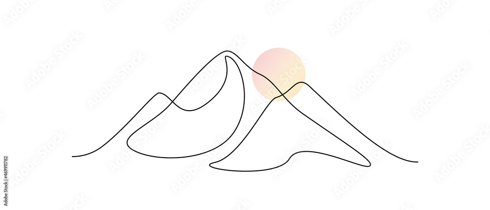 Leinwandbilder One continuous line drawing of mountain range landscape with color sun. Abstract hills and horizon in scandinavian simple linear style. Modern panoramic sketch. Doodle vector illustration