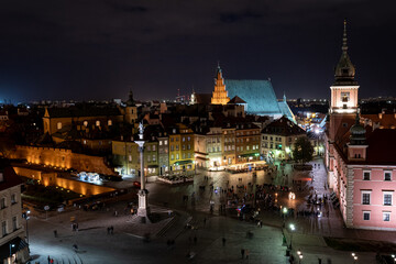 Warsaw old town view point. Panoramic view of Castle square at night. Warsaw, Poland