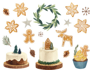 Set of watercolor christmas baking for Christmas or New Year's decor. Scandinavian winter elements, Hygge concept design. Christmas wreath, cakes, cupcakes, gingerbread man and snowflakes, pine cones.
