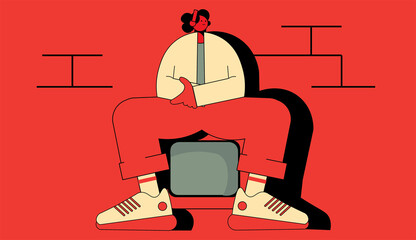 flat style vector illustration of a flat female character sitting on the old style TV set against the red brick wall. Rapper, hip-hop girl in sneakers and headphones