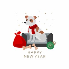 New Year's card with a dog and an inscription. Vector illustration.