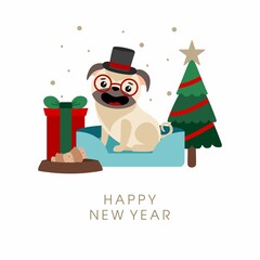 New Year's card with a dog and an inscription. Vector illustration.