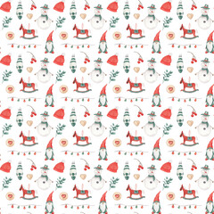 Christmas Watercolor seamless pattern, holiday digital paper with gnome. Winter background, hand painted backdrop. Scrapbooking, wallpaper, gifts wrapping paper, printable, textile and fabric design