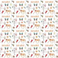 Christmas Watercolor seamless pattern, holiday digital paper with deer. Winter background, hand painted backdrop. Scrapbooking, wallpaper, gifts wrapping paper, printable, textile and fabric design