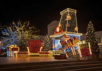 Holiday decorations of Nowy Swiat street in Warsaw. Poland