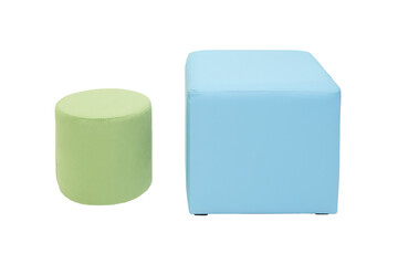 modern green and blue cylindrical and cubic padded stools upholstered with soft fabric in strict...
